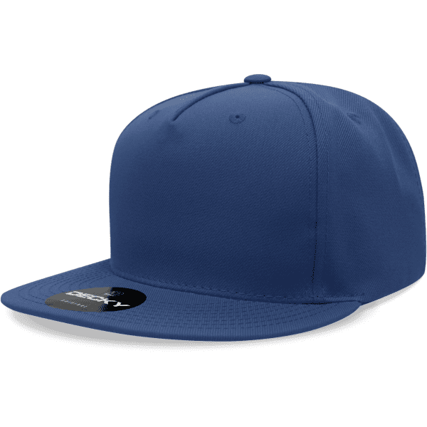 A blue 5 panel high profile structured snapback cap with a flat brim and a logo on the front.