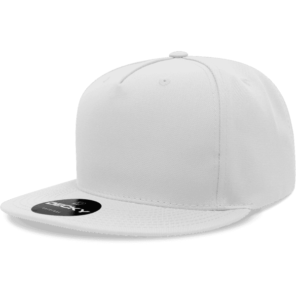 A white 5-panel high profile structured snapback hat with a black peak and a logo on the front.