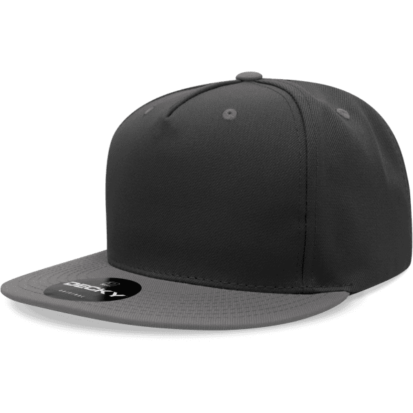A high-profile structured snapback cap in black with a flat brim and a logo on the front.