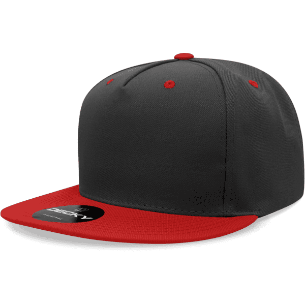 A snapback cap featuring a high-profile design with a grey body and red brim, complete with a logo.