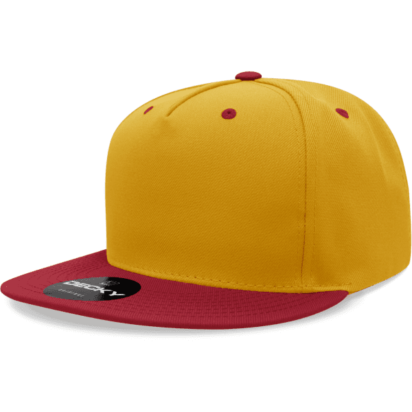 A yellow snapback cap with a red visor and a structured high-profile design. It features a logo on the front.