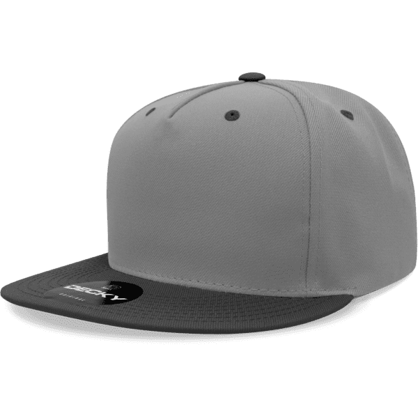 A grey snapback hat with a black brim, featuring a logo on the front. It has a structured high-profile design.