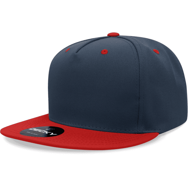 A structured snapback hat in navy with a bright red flat brim and button. It features a logo on the front.