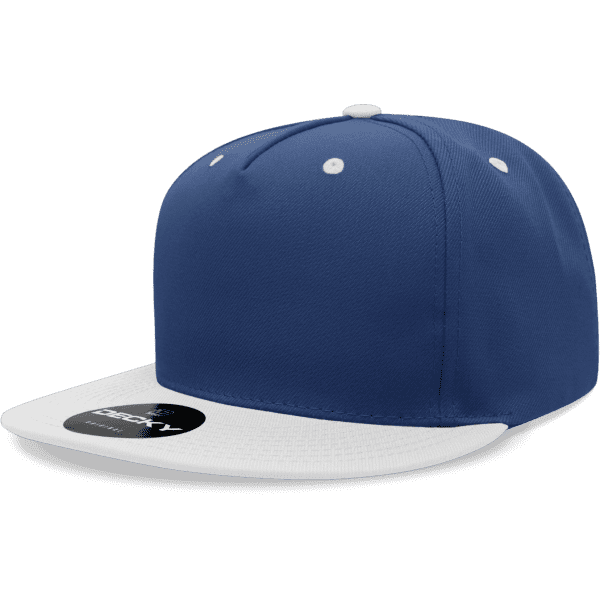 A navy blue high-profile structured snapback cap with a white brim and a logo on the front.