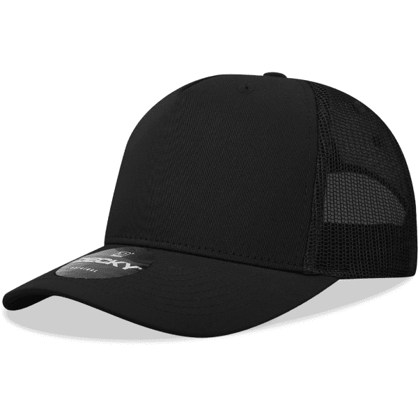 A black 5 Panel Mid Profile Structured Trucker cap with mesh panels and a logo on the front.