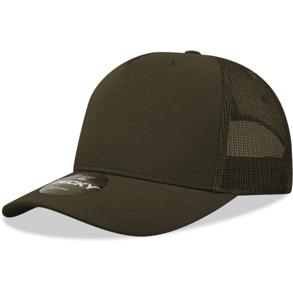 A dark olive green 5 panel trucker cap with a mesh back and a branding logo.