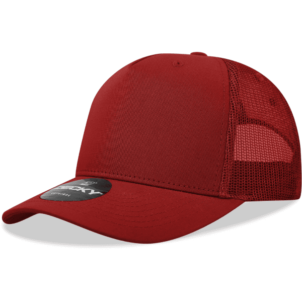 A red 5 Panel Mid Pro Cotton/Poly Blend Trucker cap with a mesh back and a circular logo.