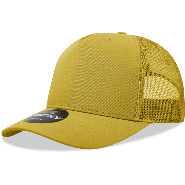 A yellow 5 panel mid pro trucker hat with a mesh back and a circular logo on the front.
