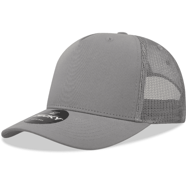 A grey 5 Panel Mid Pro Cotton/Poly Blend Trucker hat with mesh sides and a logo on the front.