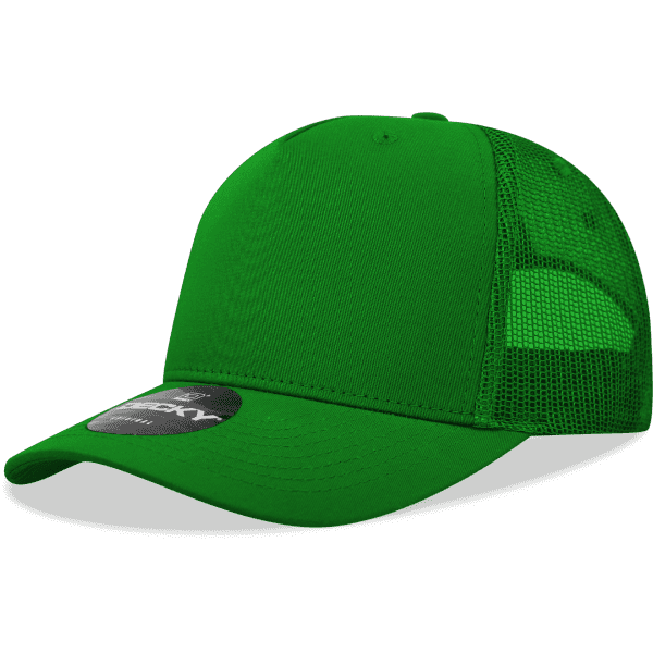 A green 5 panel mid pro cotton/poly blend trucker cap with a mesh back and a logo.