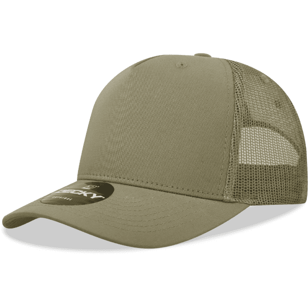 A khaki 5 panel mid pro cotton/poly blend trucker cap with a mesh back and a logo.