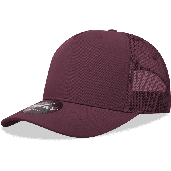A burgundy 5 Panel Mid Pro Cotton/Poly Blend Trucker cap with a mesh back and a logo.