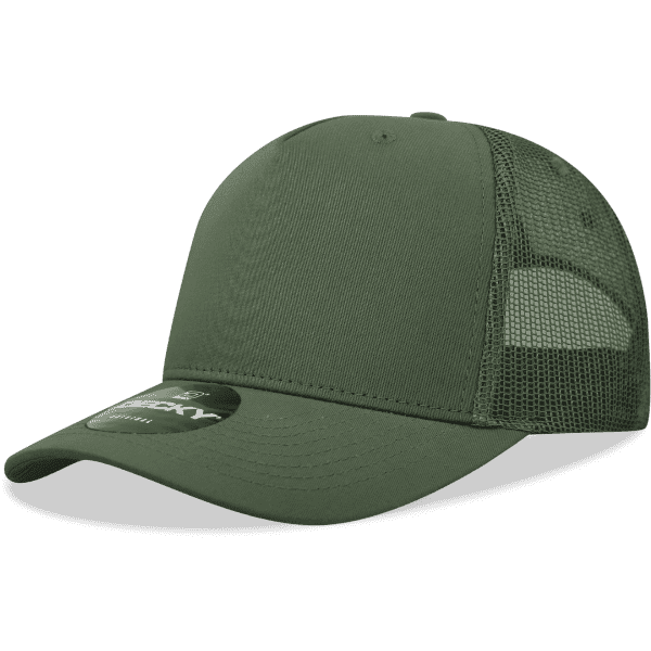 A green 5-panel trucker cap with a cotton/poly blend and a mesh back, featuring a logo on the front.