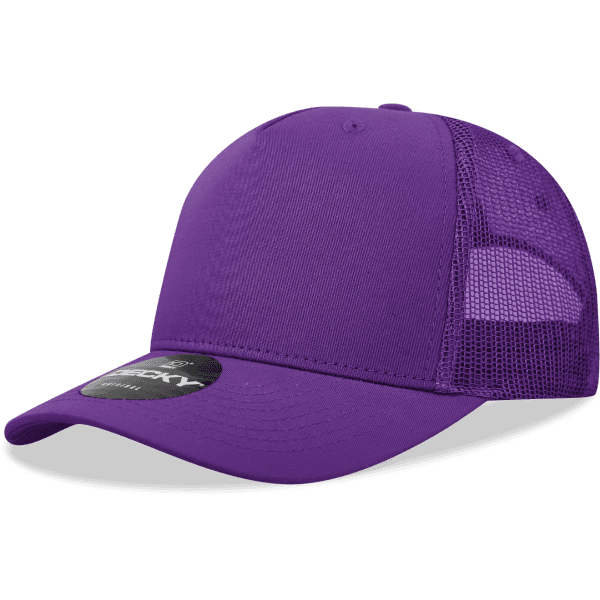 A purple 5 Panel Mid Pro Cotton/Poly Blend Trucker cap with a mesh back and a branded tag.