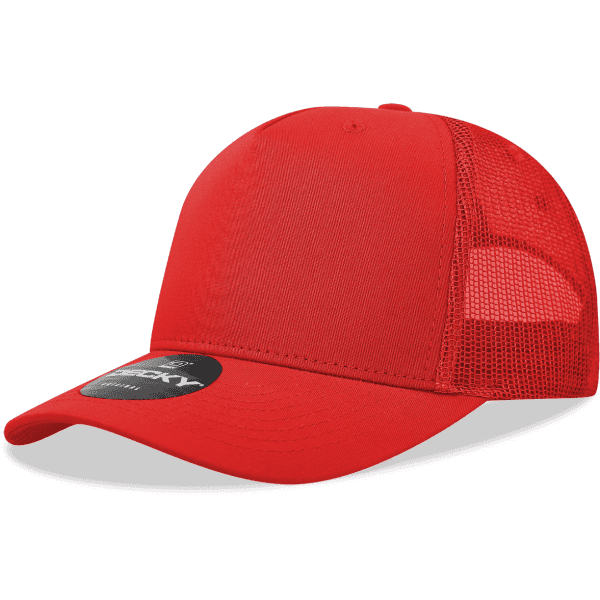 A red 5-panel mid pro cotton/poly blend trucker cap with mesh side panels and a logo.