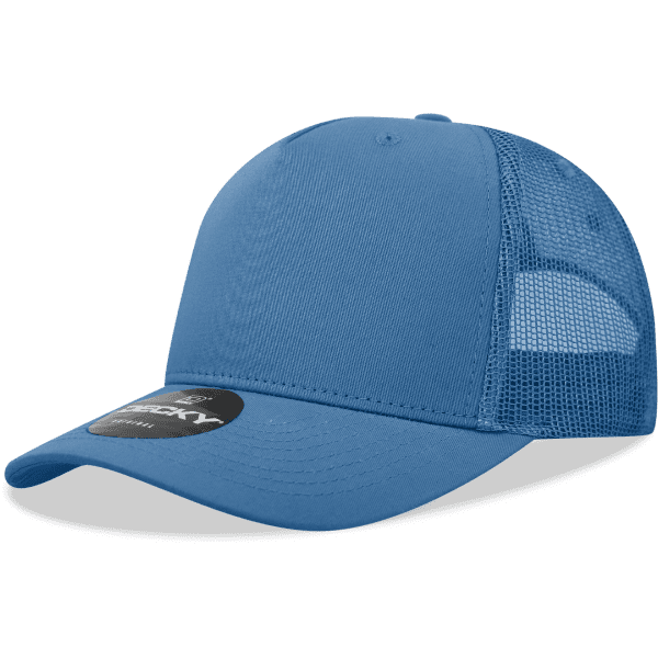 A blue 5 Panel Mid Pro Cotton/Poly Blend Trucker cap with a mesh back and a logo on the front.