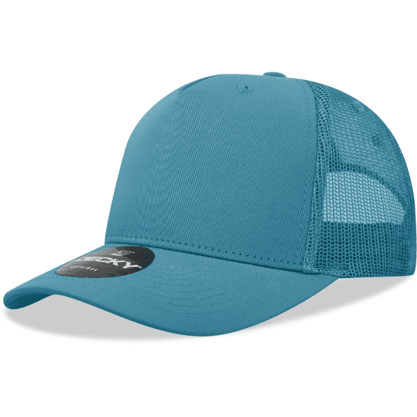 A teal 5-panel mid pro trucker cap with a mesh back and a round logo on the front.