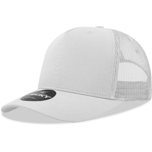 A light grey 5-panel trucker cap featuring a mesh back and a logo.