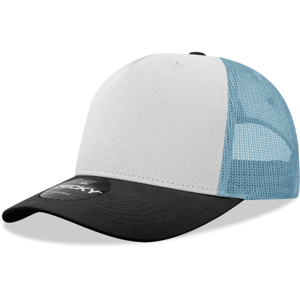 A structured trucker cap featuring a white front, black brim, and light blue mesh sides, complete with a logo.