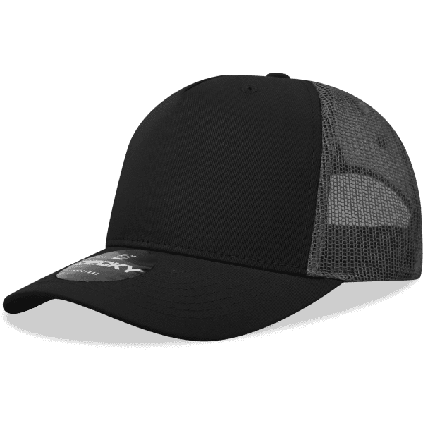 A black 5-panel mid pro trucker cap featuring a mesh back and a logo on the front.