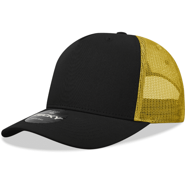 A black trucker cap with a yellow mesh back and a brand logo on the front.