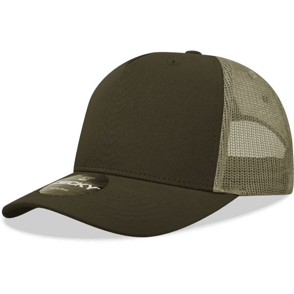 A dark olive green cap with a mesh back and a circular logo on the front.