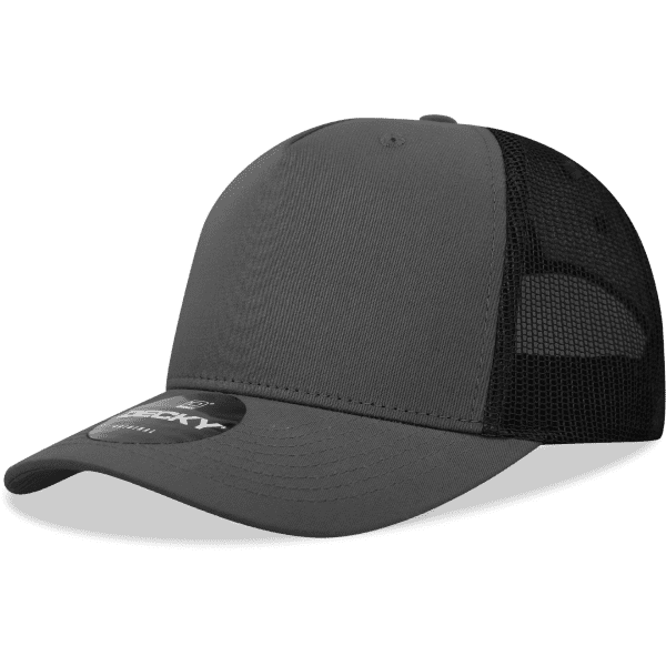 A grey 5-panel mid-pro trucker cap with a black mesh back and a logo on the front.