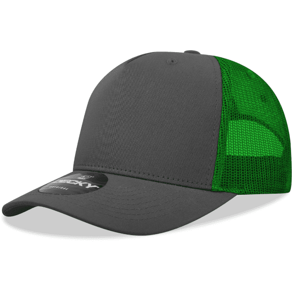 A grey trucker cap with a green mesh back and a curved brim, featuring a small logo on the front.