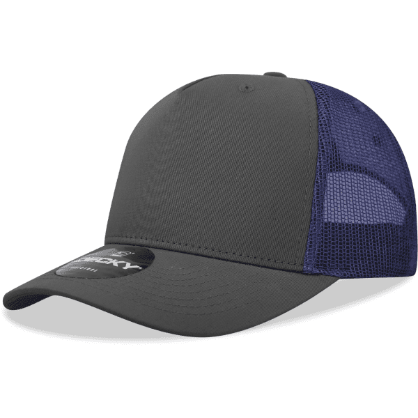 A grey 5 Panel Mid Pro Trucker cap with a blue mesh back, featuring a round logo on the front.