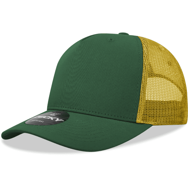 A green and yellow 5 Panel Mid Pro Cotton/Poly Blend Trucker cap with a mesh back and a branded logo.
