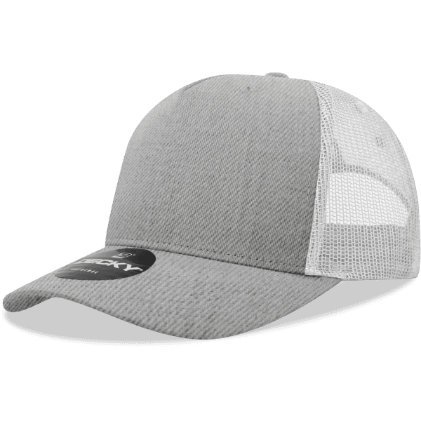 A grey 5 Panel Mid Pro Cotton/Poly Blend Trucker cap with a mesh back and a logo on the front.
