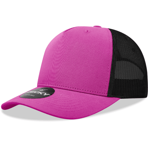 A pink and black 5 panel mid pro trucker hat with a logo on the front.