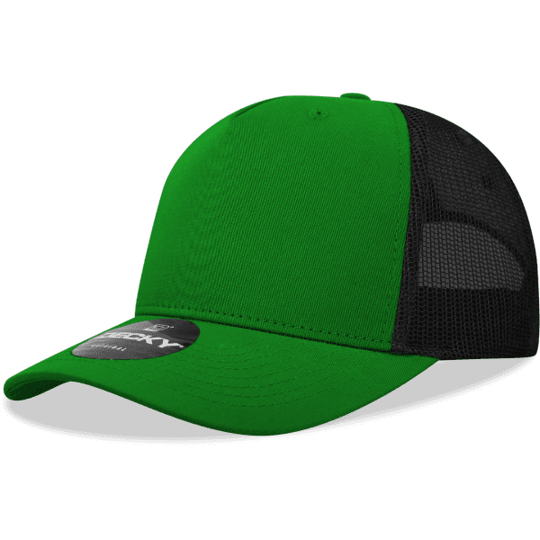 A green and black 5 Panel Mid Pro Cotton/Poly Blend Trucker cap with a branding logo.