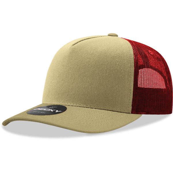 A 5-panel trucker cap in khaki and red, featuring a mesh back and a branded label on the front.
