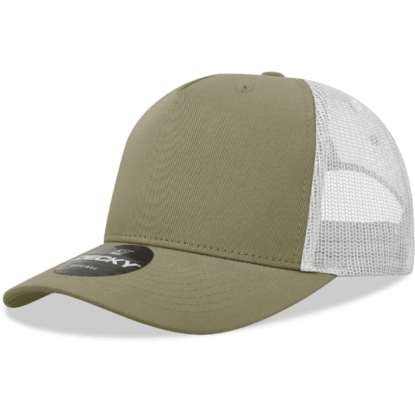 A khaki trucker cap with a mesh back and a rounded visor. It features a logo on the front.
