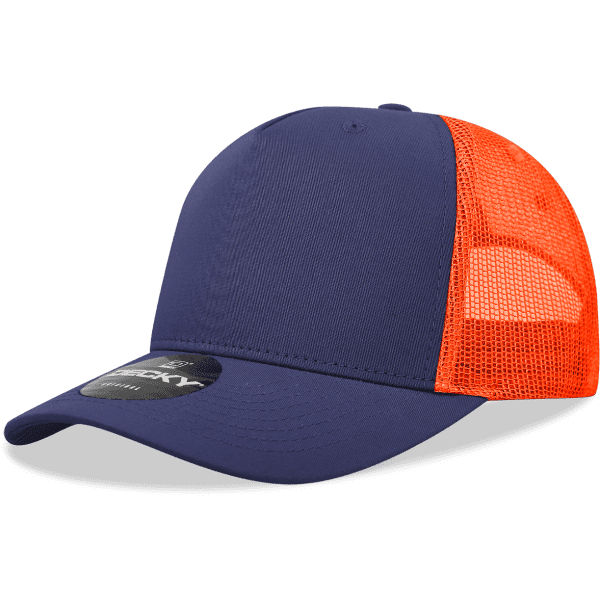 A navy blue cap with a yellow mesh back and a logo on the front.