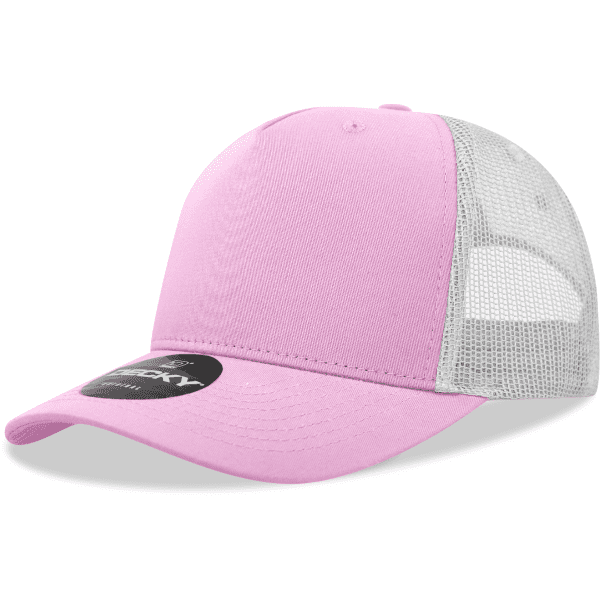A pink 5-panel trucker cap with a grey mesh back and a logo on the front.