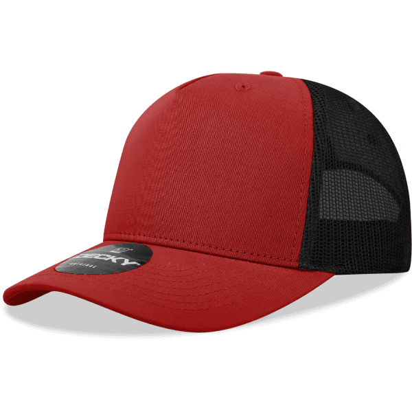 A red trucker cap features a black mesh back and a round logo on the front.