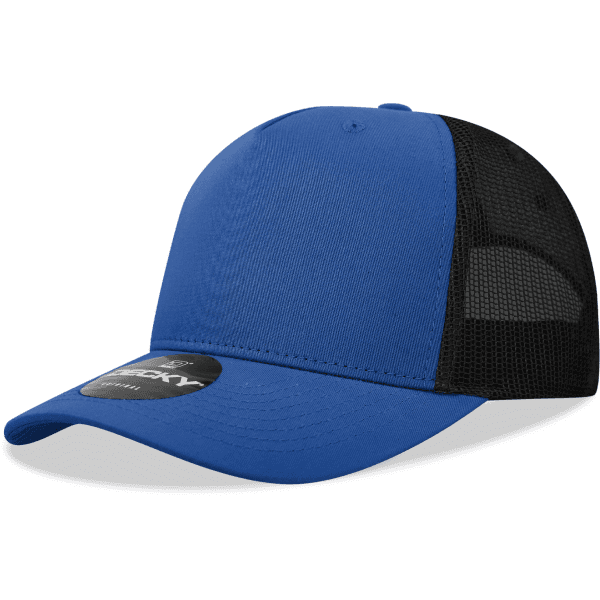 A blue trucker cap with a black mesh back and a logo on the front.