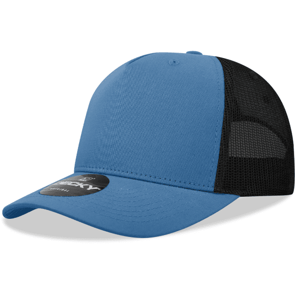 A blue and black 5-panel trucker cap with a mesh back and a logo on the front.