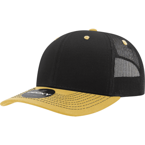 A black and yellow trucker cap with a structured fit and mesh panels, featuring a branded logo.