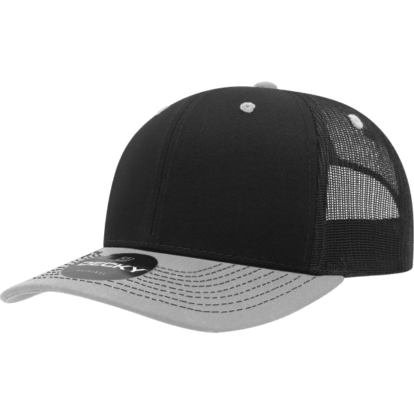 A black and grey trucker cap featuring a solid front panel and mesh back, with an adjustable snap closure.
