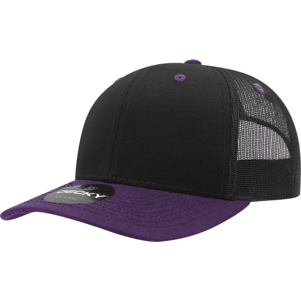 A black and purple 6-panel trucker cap featuring a mesh back and a logo.