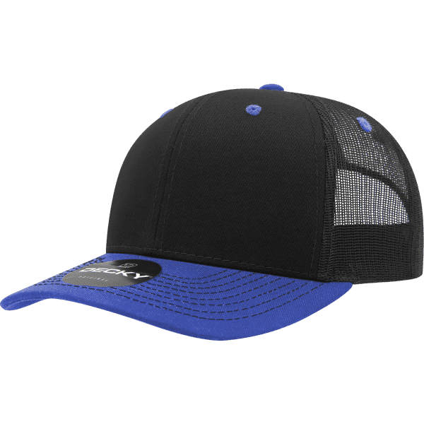 A black and blue trucker cap with mesh back and a logo on the front.
