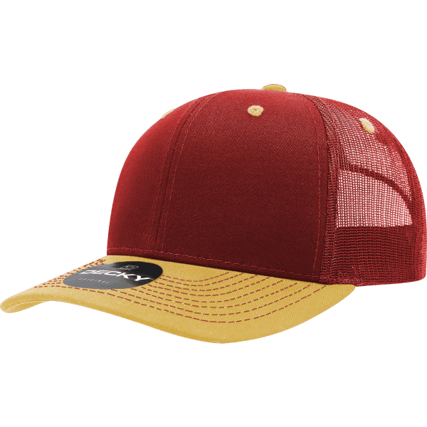 A red and yellow 6-panel trucker cap with a mesh back and a logo.