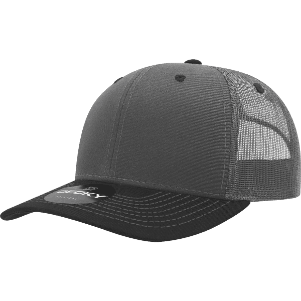 A grey trucker cap featuring a contrasting black visor, with a mesh back and a logo.