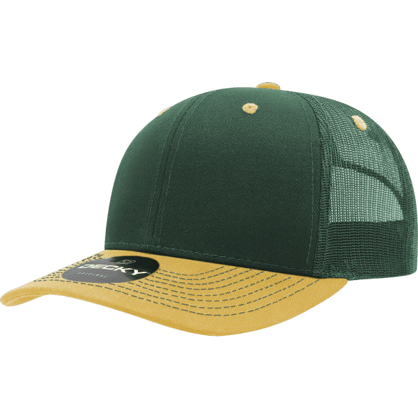 A green and yellow six-panel trucker cap with a mesh back and a logo on the front.