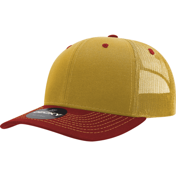 A yellow and red trucker cap with a mesh back and a branding logo.