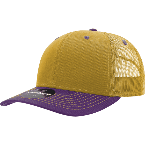 A yellow and purple trucker cap with a mesh rear and a flat brim. It features a logo branding.