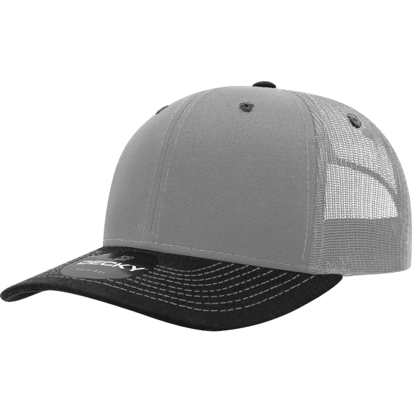 A grey trucker cap with a black peak and mesh back, featuring a logo on the side.